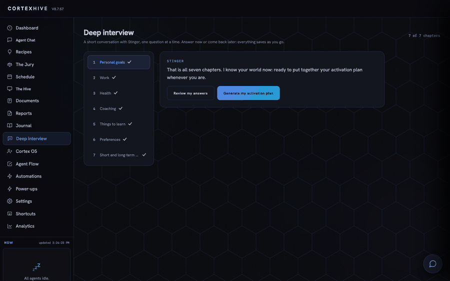 The Deep interview view: a seven-chapter progress rail (Personal goals, Work, Health, Coaching, Things to learn, Preferences, Short and long-term goals) all checked off, with Stinger offering to review answers or generate the activation plan.
