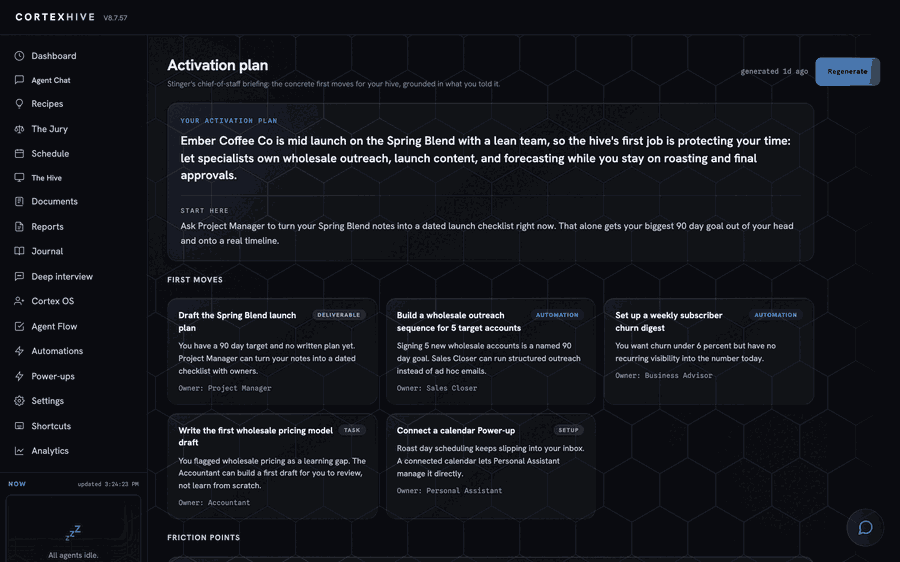 The Activation Plan view: a summary framed in the user's own words, a Start Here quick win, and a First Moves grid of cards each with a title, a why, an owning agent, and a kind tag such as Deliverable, Automation, Task, or Setup.