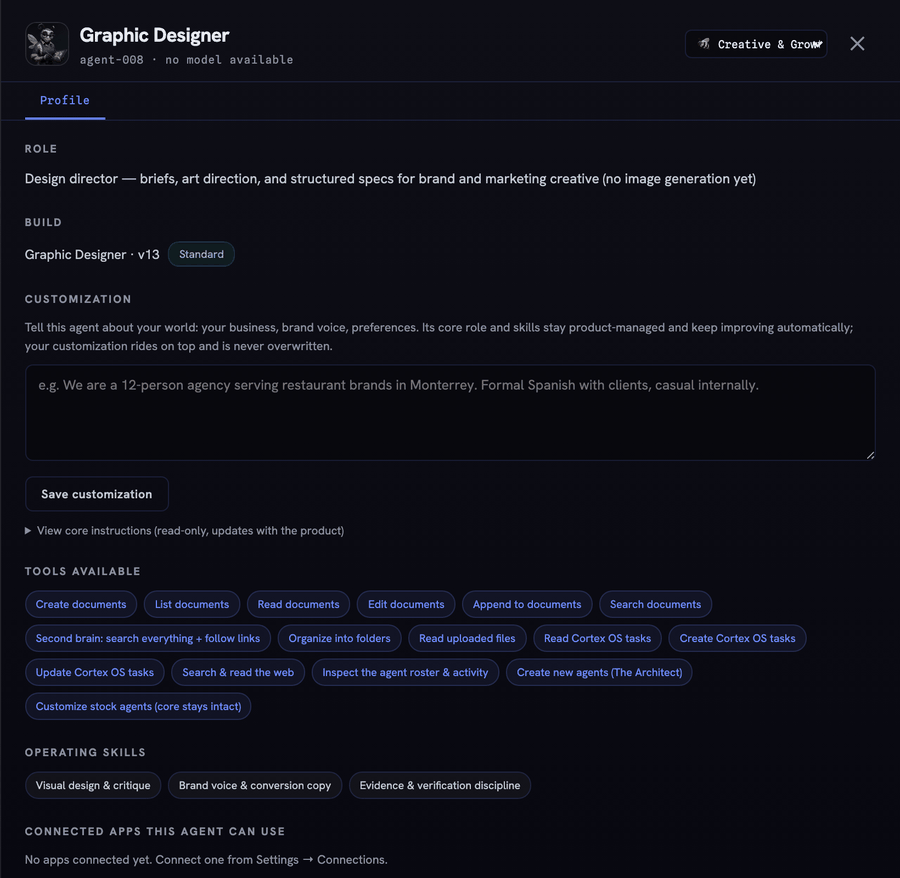 An agent's Inspect drawer, Profile tab: Role, Build (archetype name, version, and a Standard or Customized badge), the Customization text box with a Save customization button, Tools available, and Operating skills.