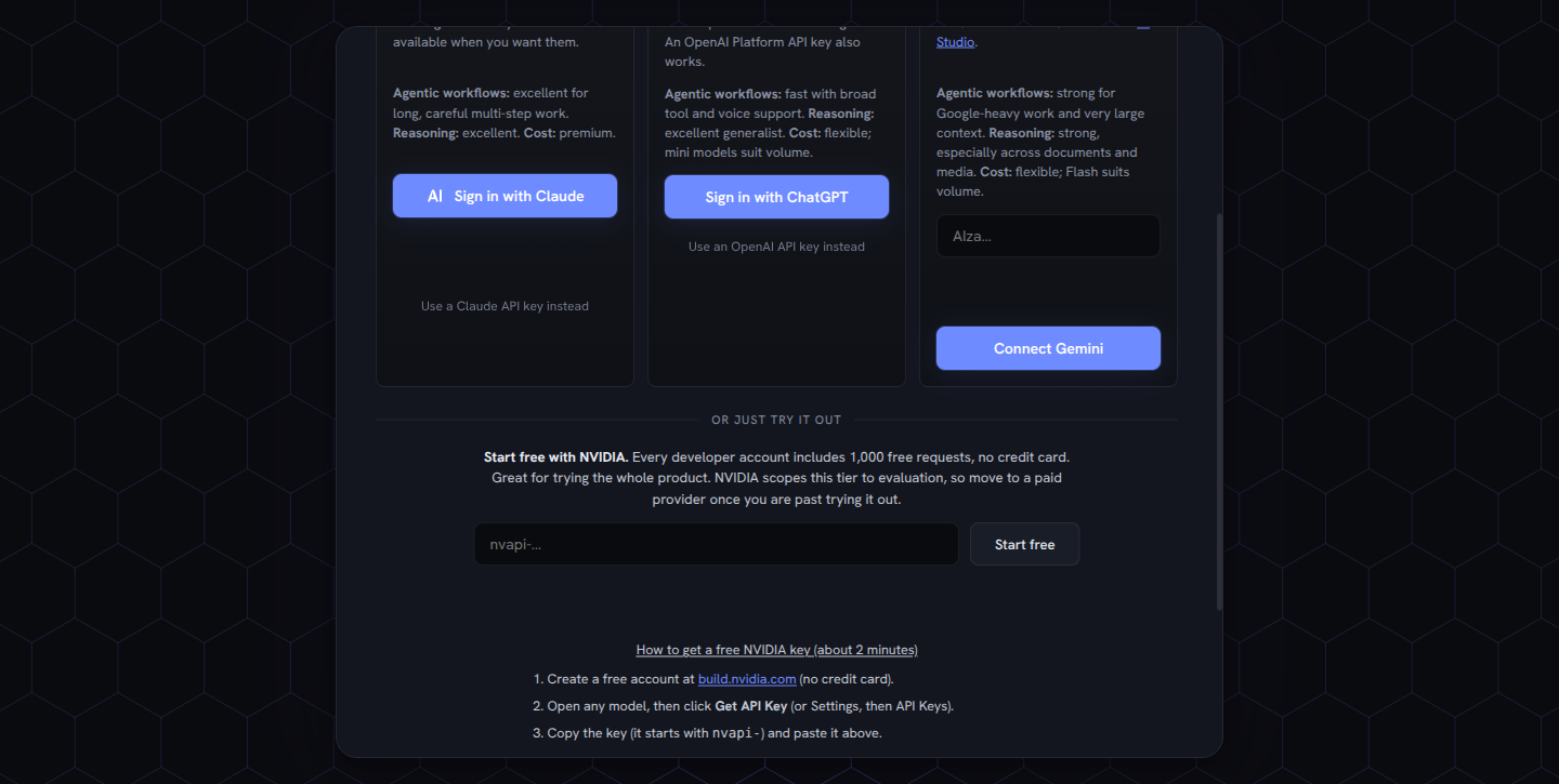 The Connect your AI screen: Claude, ChatGPT/OpenAI, and Gemini as three equal provider cards each with a Sign in button, plus a Start free with NVIDIA panel below with an API key field and a How to get a free NVIDIA key step-by-step panel.
