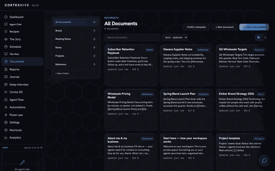 The Documents view: All Documents with a folder rail (Brand, Meeting Notes, Notes, Projects, Reference), a search bar, and a grid of real document cards whose preview text shows double-bracket wikilinks to other documents.