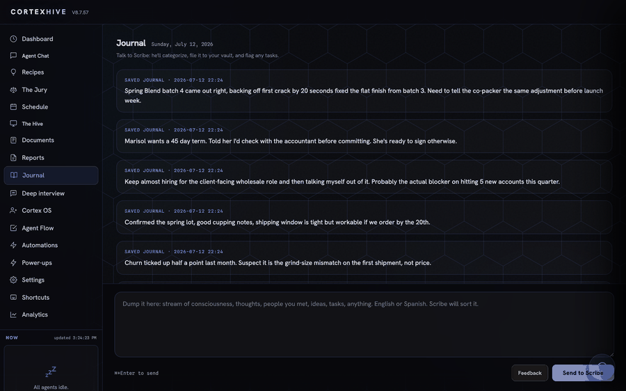 The Journal view: a running list of saved journal entries with timestamps, each a short real note, above a composer prompting the user to dump stream-of-consciousness thoughts in English or Spanish for Scribe to sort.
