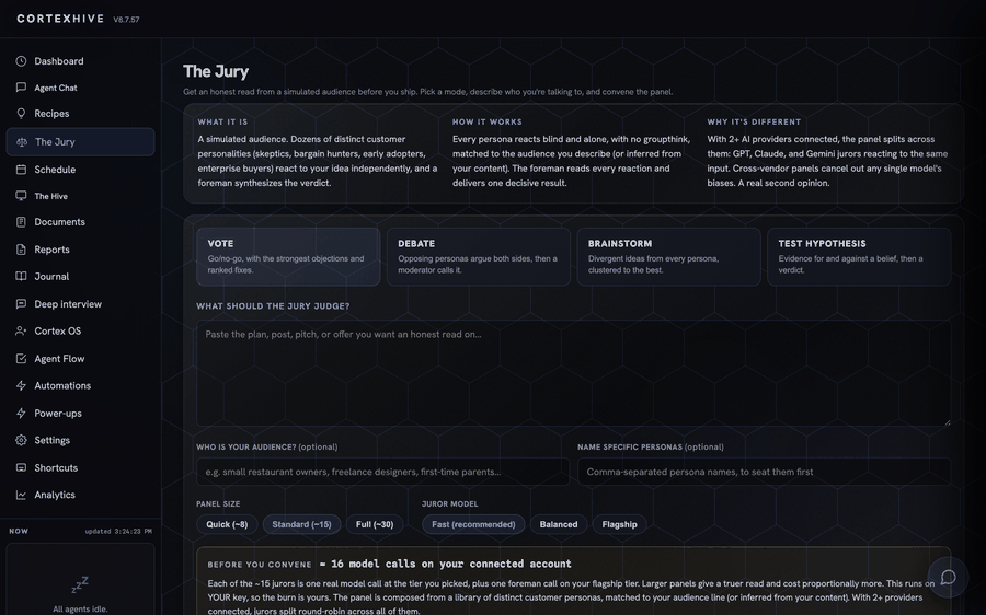 The Jury view: four mode buttons, Vote, Debate, Brainstorm, and Test Hypothesis, the What it is / How it works / Why it's different explainer above them, and the composer with panel size and juror model controls, plus a cost preview before convening.