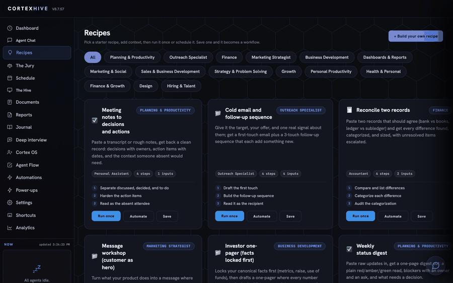 The Recipes view: a row of category filters, and a grid of starter recipe cards, each showing its owning agent, step count, input count, a numbered step list, and Run once, Automate, and Save buttons.