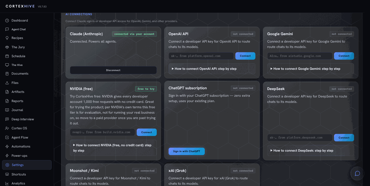 Settings AI Connections: eight provider cards, Claude, OpenAI, Gemini, NVIDIA marked free to try, DeepSeek, Moonshot slash Kimi, and xAI, each with a connect field and a How to connect step-by-step panel.