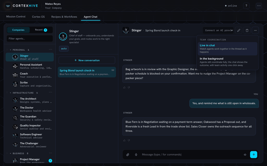 Agent Chat with a real conversation open: the three-dot conversation options menu expanded next to rename and delete, showing Live in chat and In the background as the two team coordination modes, with the per-conversation model picker visible in the header.