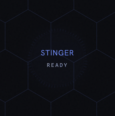 A close-up of the Stinger voice orb on Mission Control, over the honeycomb background, reading STINGER and READY.